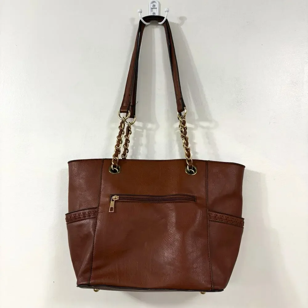Brown Tote Shoulder Bag Gold Chain Whipstitch Large Boho Purse Handbag